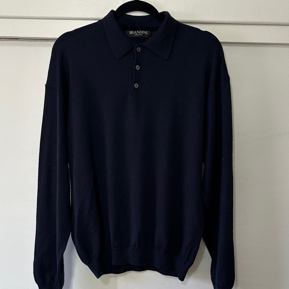 Brandini Italy 100% Merino Wool Polo Sweater Men’s L Navy Blue EUC